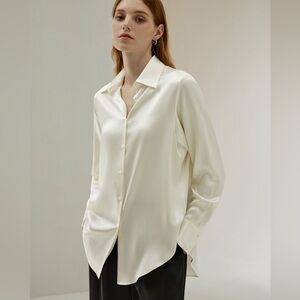 Women's Cream Button-Up Silk Blend Blouse